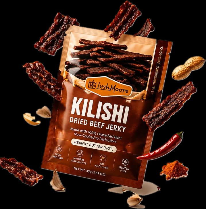 LushMoore Kilishi pouch surrounded by jerky, peanuts, garlic, chili and spices